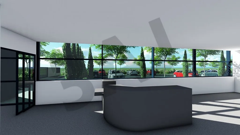 Banque d'accueil et baies vitrées, perspective 3D