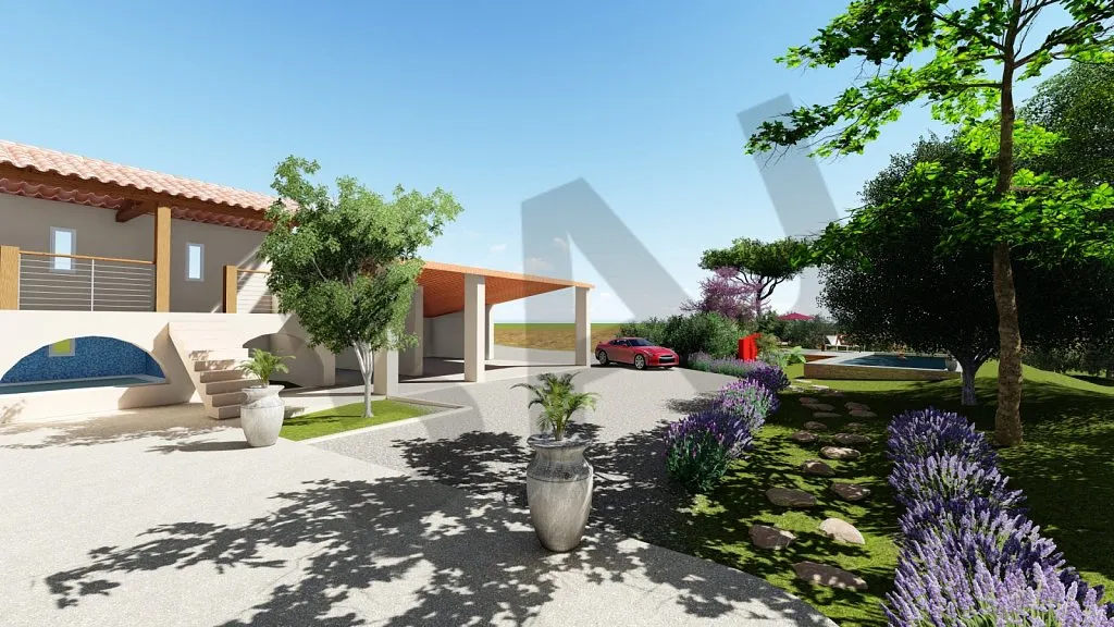 Allée et façade, perspective 3D