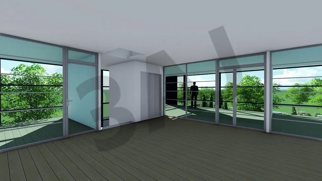 Bureaux vitrés ouverts sur la végétation, perspective 3D