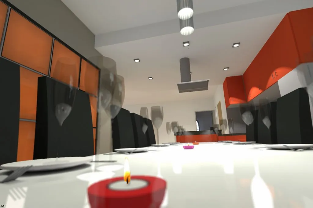 Perspective 3D de la cuisine ouverte et de la grande table