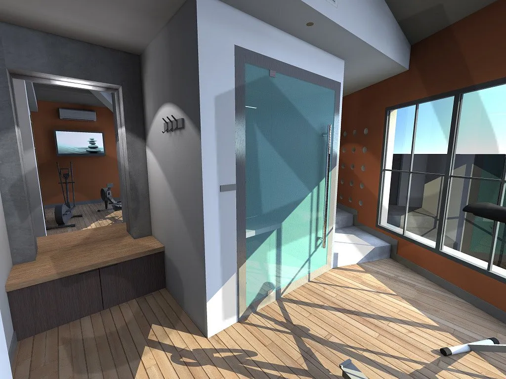 Douche vitrée et rangements, perspective 3D
