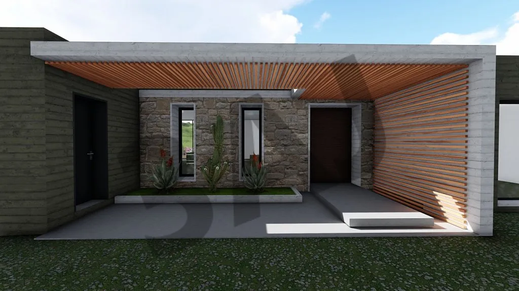 Entrée en pierre et bois, perspective 3D