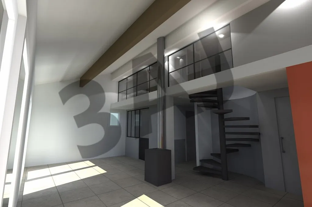 Escalier hélicoïdal menant à la mezzanine, perspective 3D