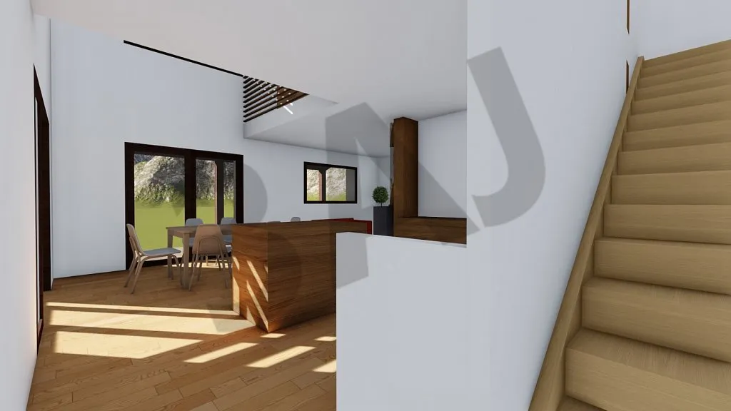 Escalier en bois et cuisine, perspective 3D