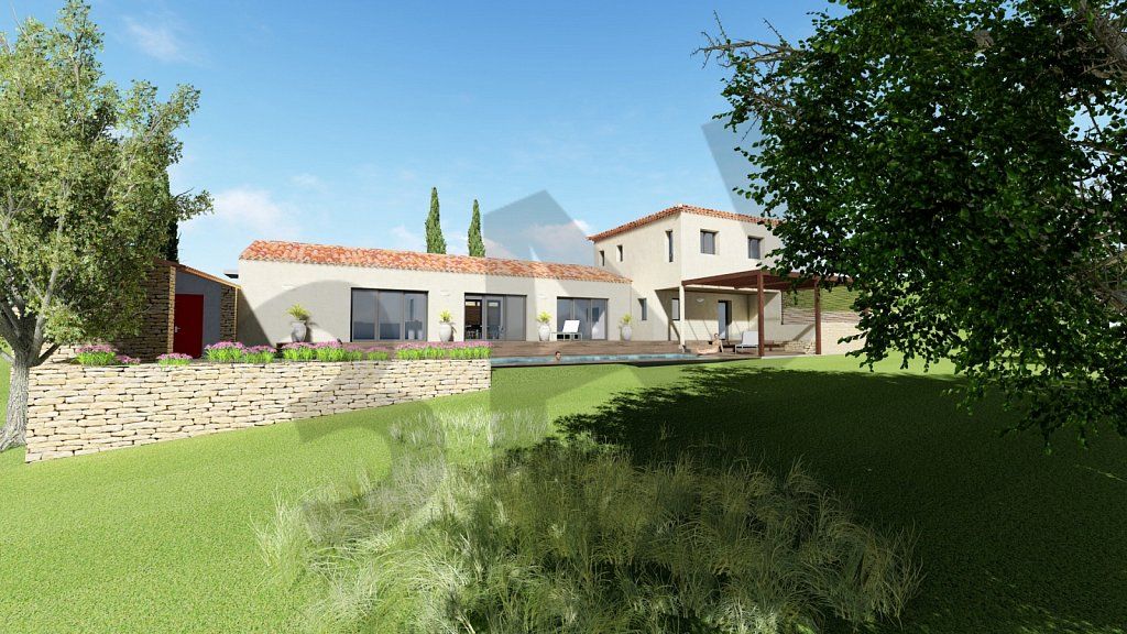 Perspective 3D de la villa LS01 depuis le jardin