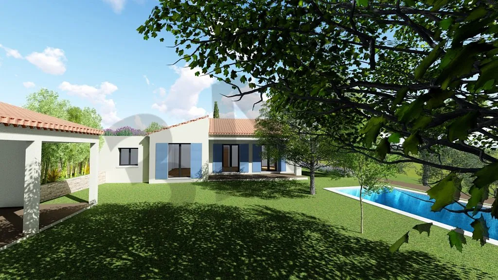 Villa et jardin arboré, perspective 3D