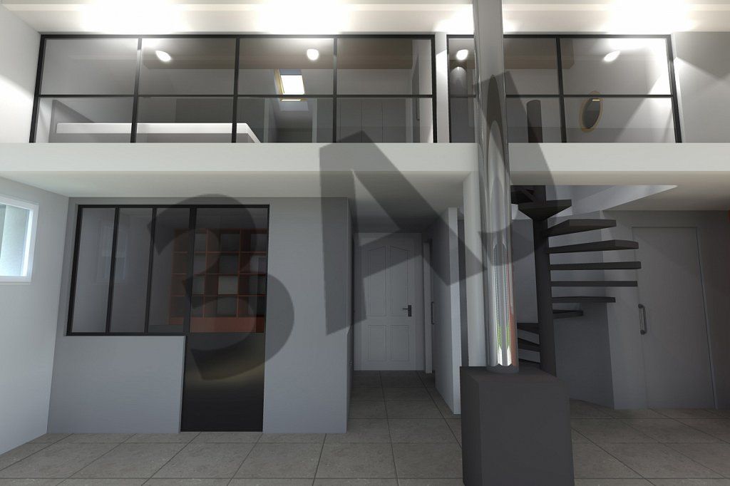 Perspective 3D du loft : mezzanine, verrière d'atelier et escalier hélicoïdal