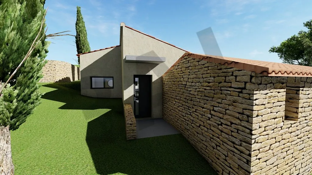 Mur en pierre sèche et entrée, perspective 3D