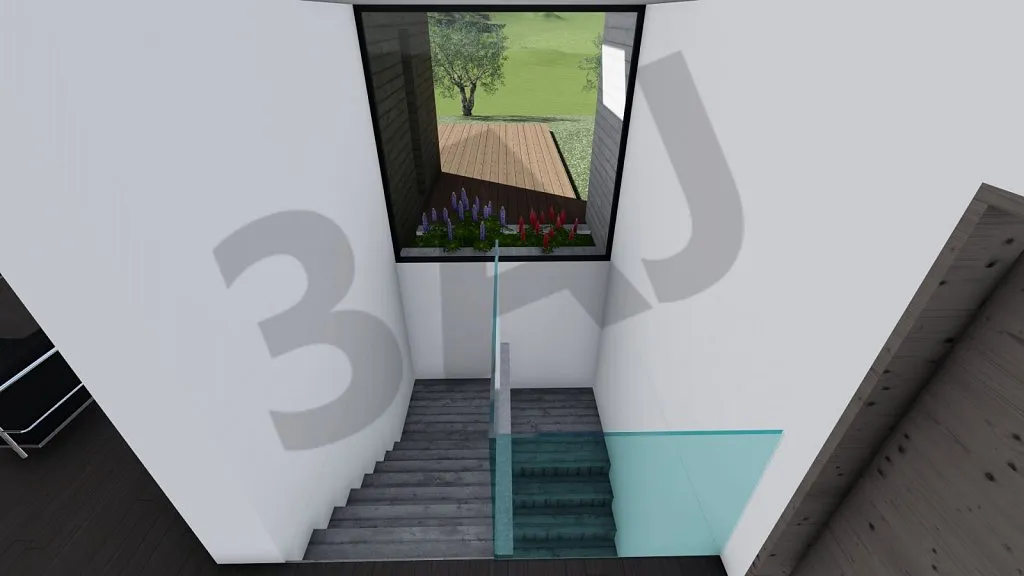 Escalier et patio intérieur, perspective 3D