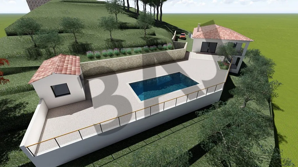 Vue aérienne 3D de la villa et du pool-house