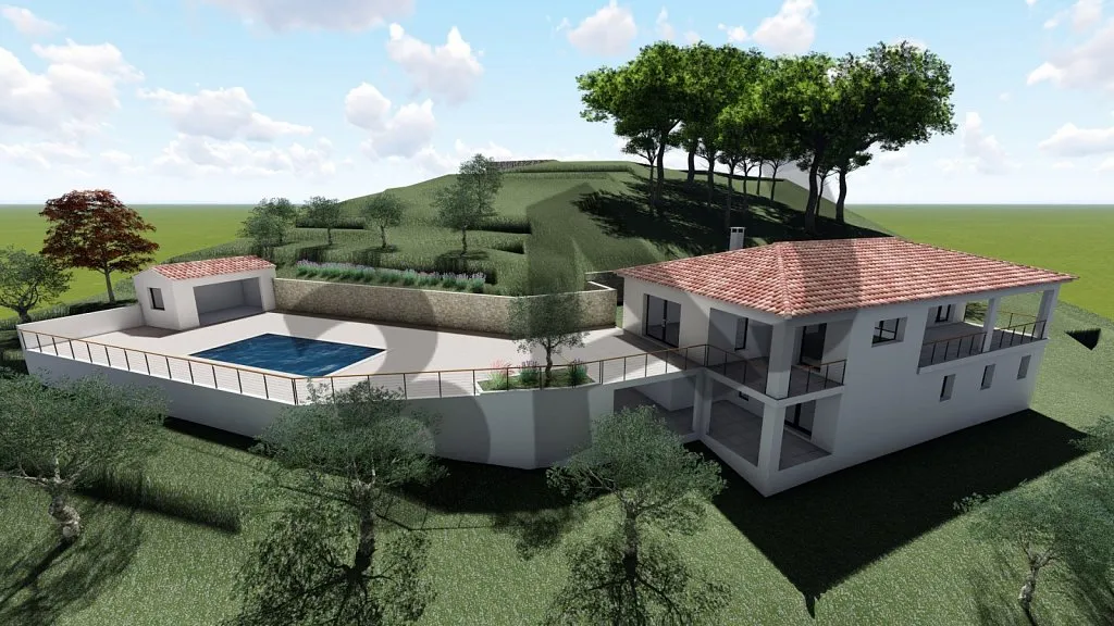 Perspective 3D de la villa CJ01, toiture en tuiles et piscine sur le terrain en restanques