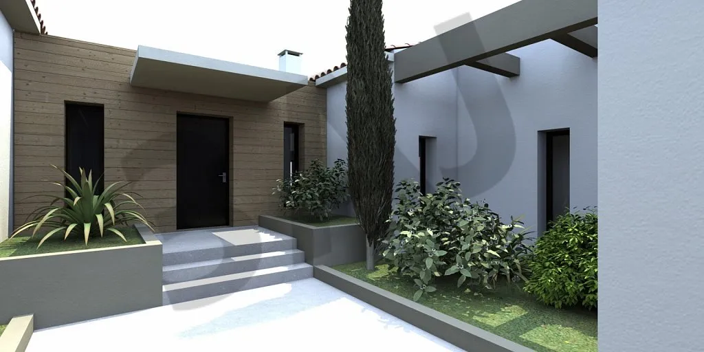 Perspective 3D de l'entrée, bardage bois et végétation