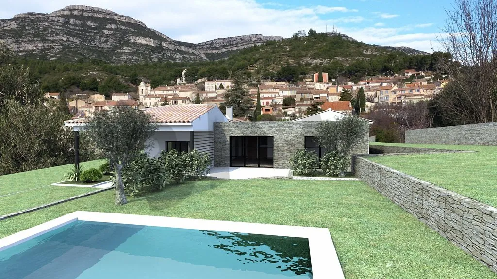 Perspective 3D de la villa PC01, façade en pierre, piscine et village au pied du massif
