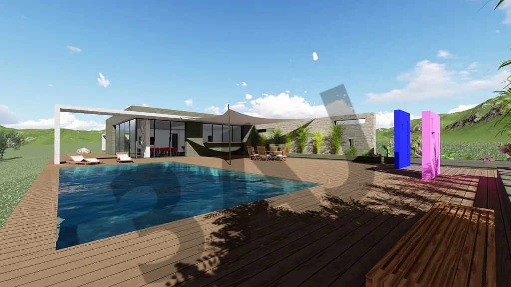 Perspective 3D de la villa DR01, piscine et terrasse en bois