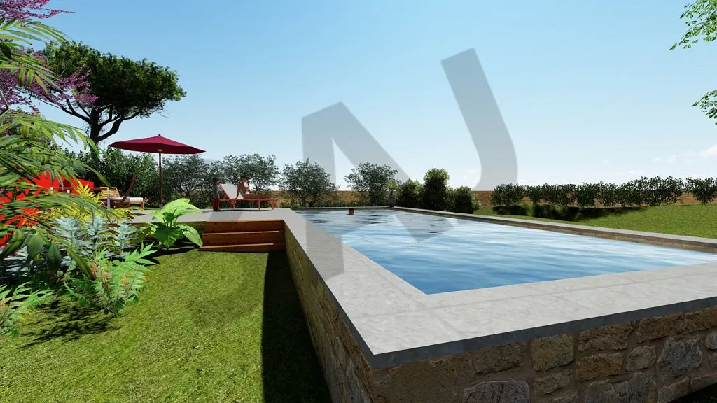 Perspective 3D de la piscine et du jardin de la villa CFN01