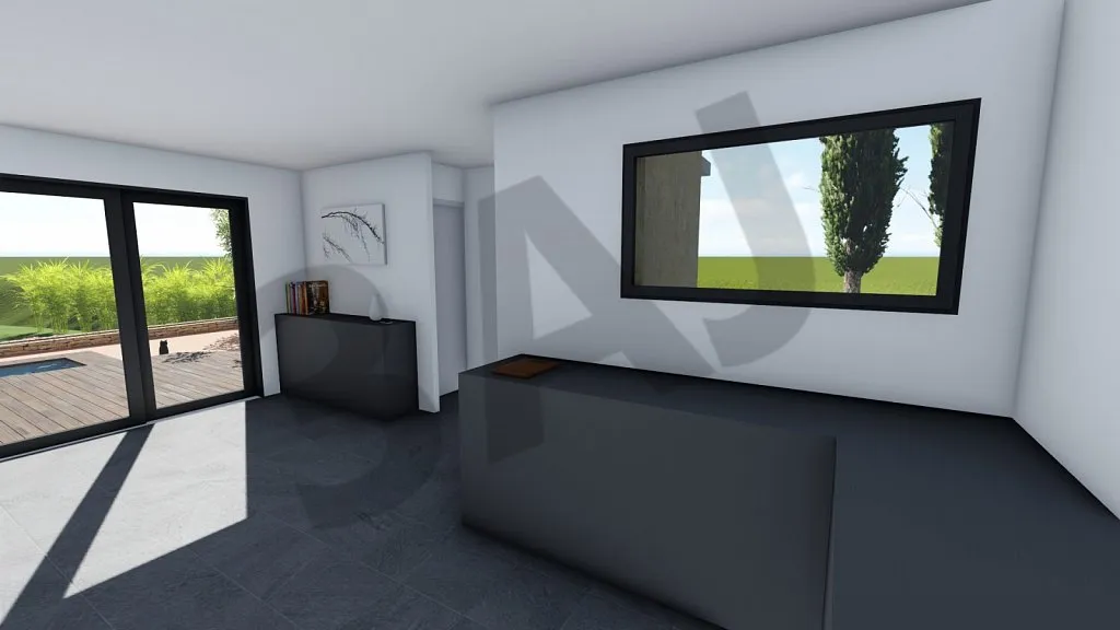 Séjour et grande baie, perspective 3D