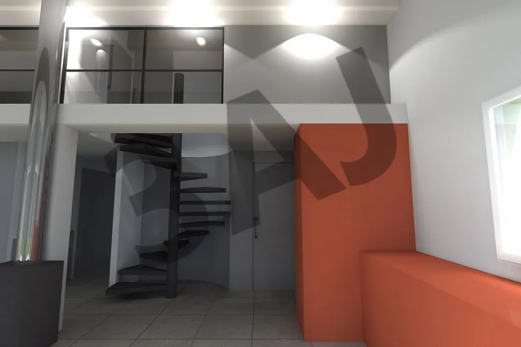 Séjour sous la mezzanine, perspective 3D