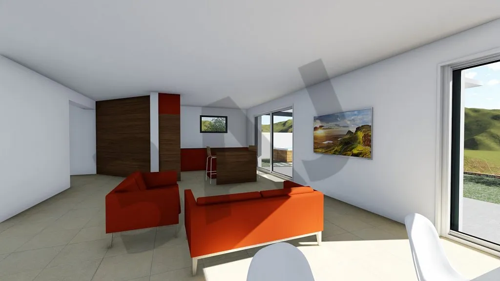 Séjour lumineux, perspective 3D