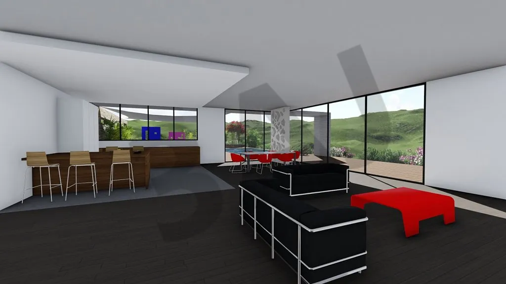 Séjour et cuisine ouverts, perspective 3D