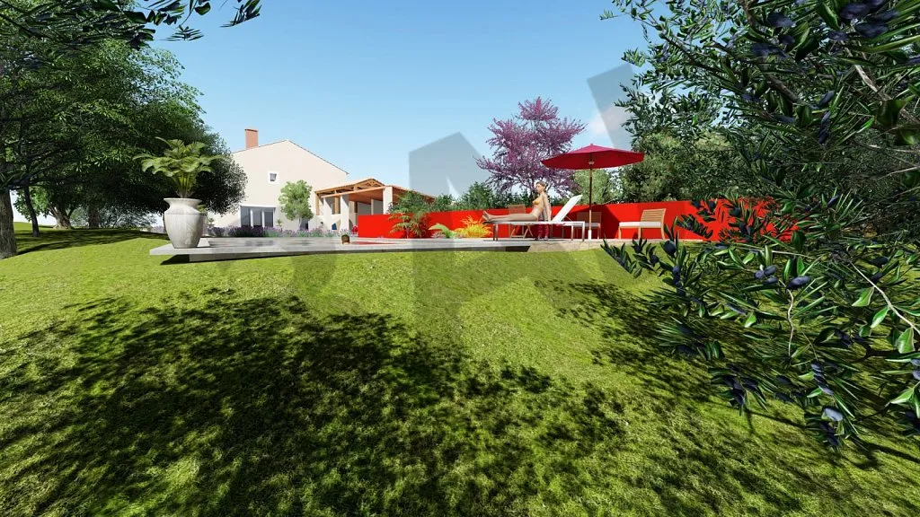 Terrasse et piscine, perspective 3D