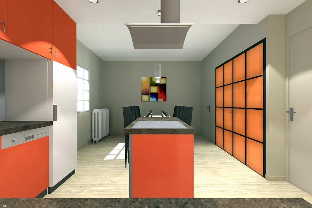 Verrière et îlot de cuisine, perspective 3D