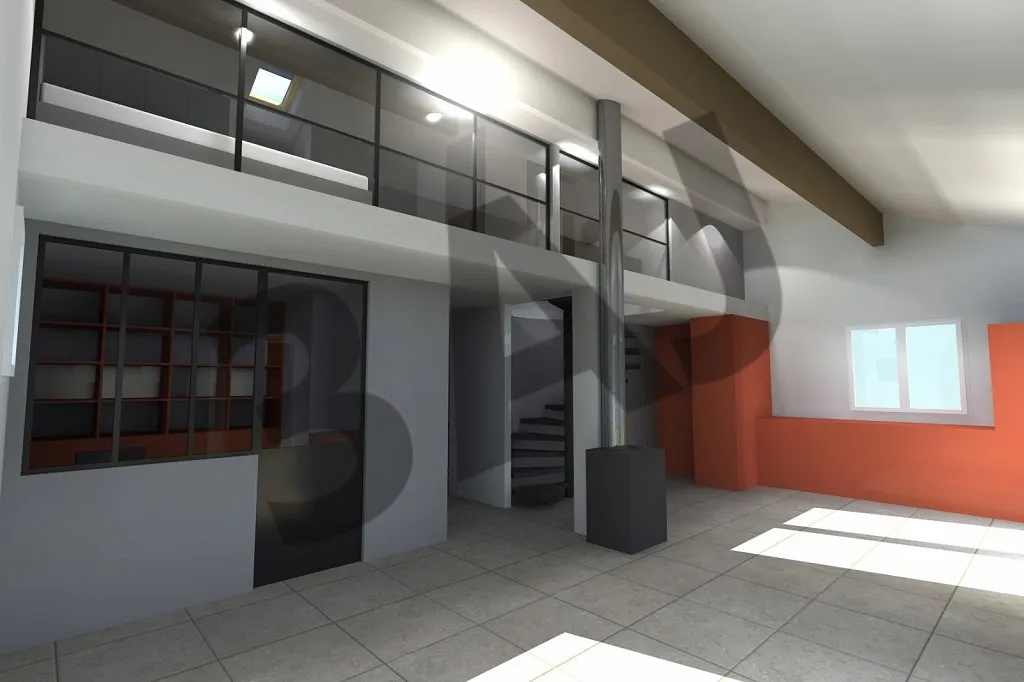 Grand volume sous charpente apparente, perspective 3D