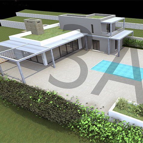 Vue aérienne 3D de la villa M02 à Lascours, toitures végétalisées et piscine
