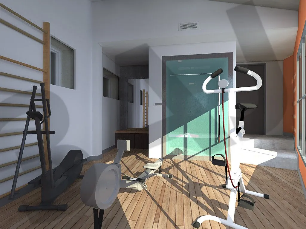 Salle de sport vue depuis l'entrée, perspective 3D
