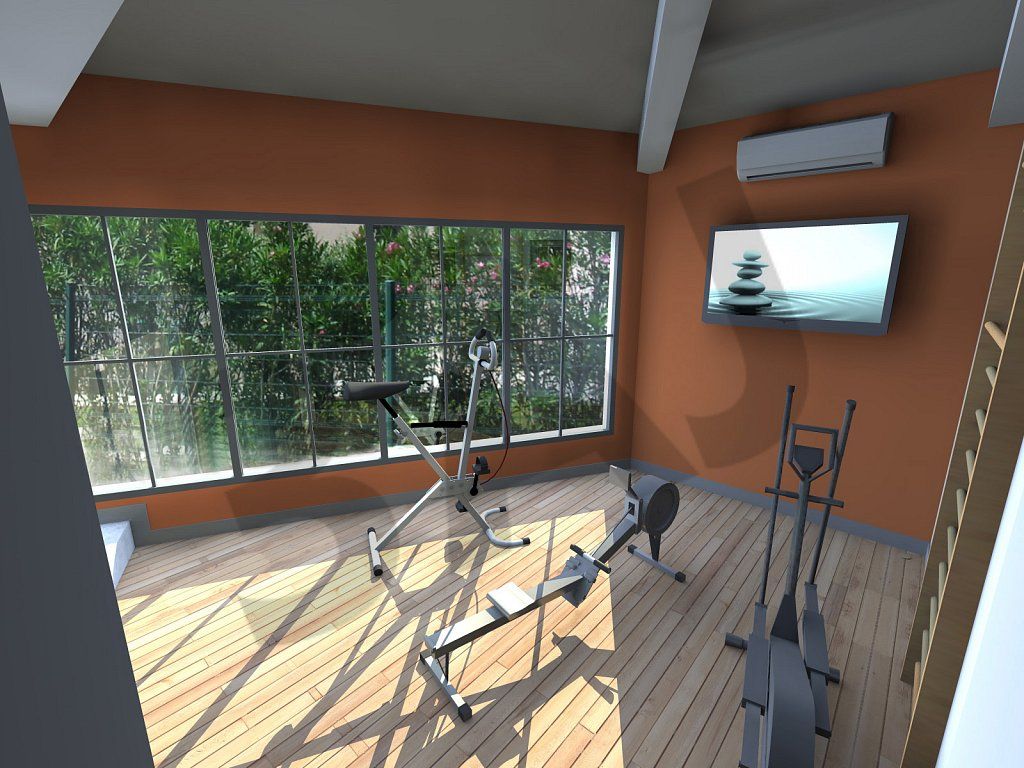 Perspective 3D de la salle de sport ouverte sur le jardin