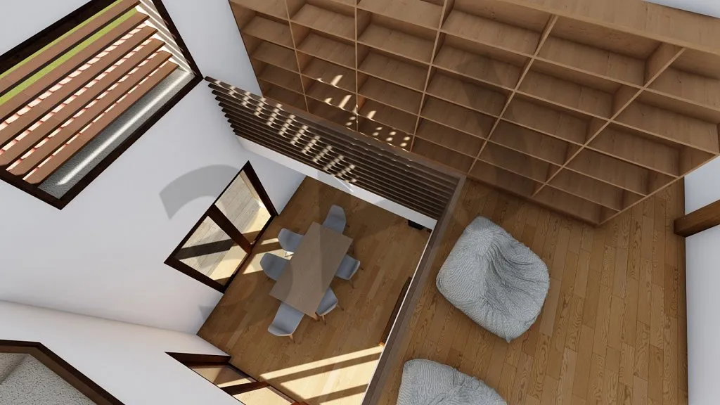 Vue plongeante sur le séjour, perspective 3D